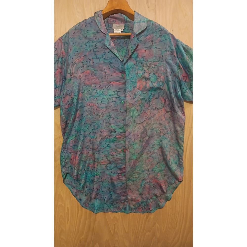 Vintage Silk by Jasmine Abstract Watercolor Batik Button Down Grandpcore Retro L